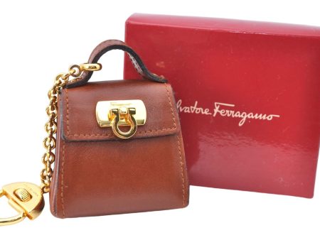 Authentic Ferragamo Gancini Bag Charm Leather Brown SF Box J0973 on Sale