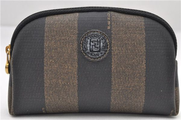 Authentic FENDI Pequin Cosmetic Pouch Purse PVC Leather Brown Black 4612E Fashion