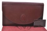 Auth Cartier Must de Cartier Clutch Hand Bag Purse Leather Bordeaux Red J1215 Hot on Sale