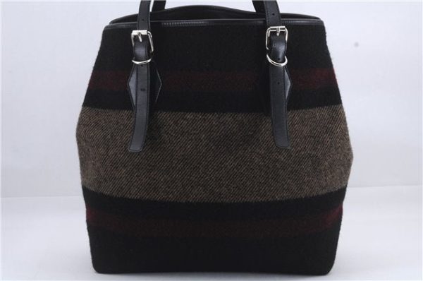 Auth BURBERRY Horizontal Stripe Shoulder Tote Bag Wool Leather Black Brown 7118D Hot on Sale