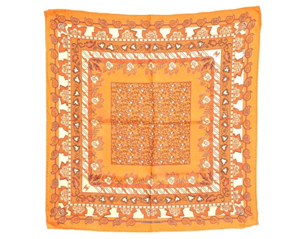 Auth HERMES Petit Carre 40 Scarf Handkerchief Plants Pattern Silk Orange 9633D Fashion