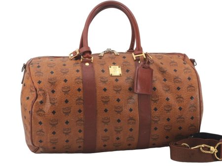 Authentic MCM Visetos Leather Vintage Travel Boston Bag Brown 4525D Supply