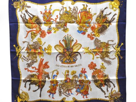 Authentic HERMES Carre 90 Scarf  LES FETES DU ROI SOLEIL  Silk Navy Box 3958D on Sale