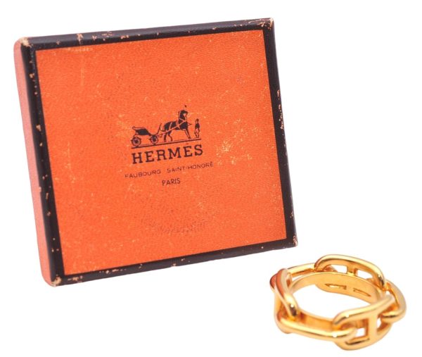 Authentic HERMES Scarf Ring Chaine d Ancre Chain Design Gold Tone Box 6026E Online