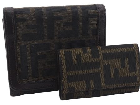 Auth FENDI Zucca Trifold Wallet Purse Key Case Nylon Leather Brown 2Set 7060D Hot on Sale