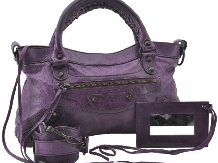 Authentic BALENCIAGA Classic The First 2Way Hand Bag Leather 103208 Purple 6649E Fashion