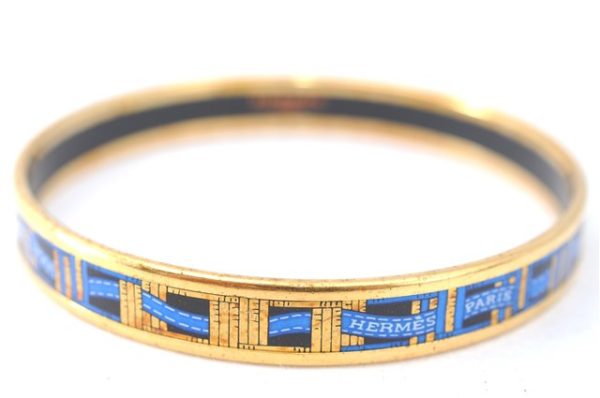 Authentic HERMES Email PM Bangle Ribbon Motif Gold Blue Black J1568 Cheap