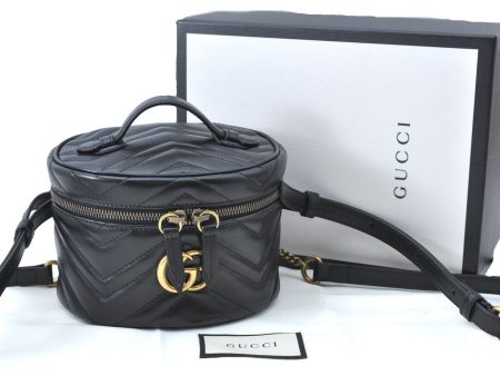 Auth GUCCI GG Marmont Double G Backpack Hand Bag Leather 598594 Black Box J0807 Sale