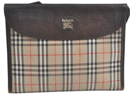 Auth Burberrys Vintage Nova Check Pattern Clutch Bag Canvas Leather Beige 7842B Online now