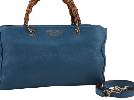 Auth GUCCI Bamboo Shopper Medium 2Way Shoulder Hand Bag Leather Light Blue 9760D For Sale