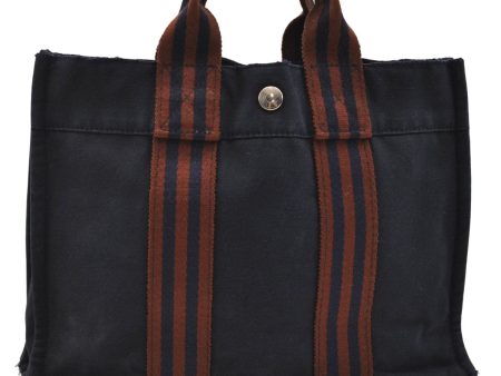 Authentic HERMES Fourre Tout PM Hand Tote Bag Purse Canvas Navy Brown 2936E Fashion