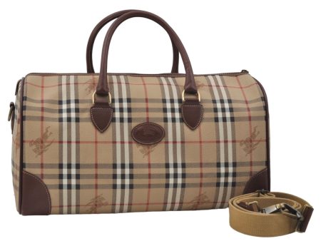 Auth Burberrys Vintage Nova Check 2Way Travel Boston Bag PVC Leather Beige 8572D For Sale