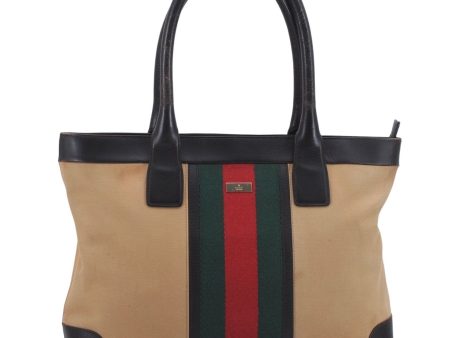 GUCCI Web Sherry Line Shoulder Tote Bag Canvas Leather 0021119 Beige Brown 8292D Discount