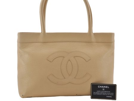 Authentic Vintage CHANEL Caviar Skin CC Logo Shoulder Tote Bag Ivory 0013E on Sale