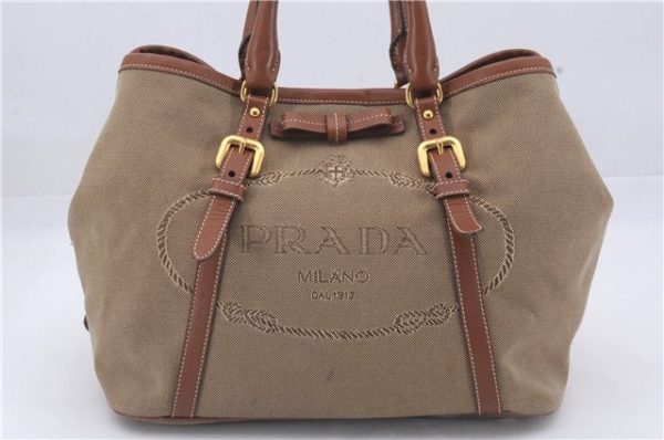 Authentic PRADA Logo Jacquard Canvas Leather 2Way Shoulder Hand Bag Brown 5558D Discount