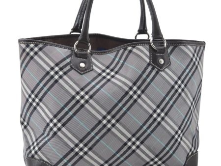 Authentic BURBERRY BLUE LABEL Check Tote Hand Bag Canvas Leather Gray 6545E Discount