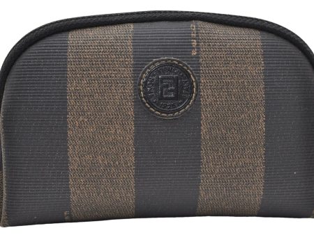 Authentic FENDI Pequin Cosmetic Pouch Purse PVC Leather Brown Black 4612E Fashion