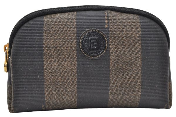 Authentic FENDI Pequin Cosmetic Pouch Purse PVC Leather Brown Black 4612E Fashion