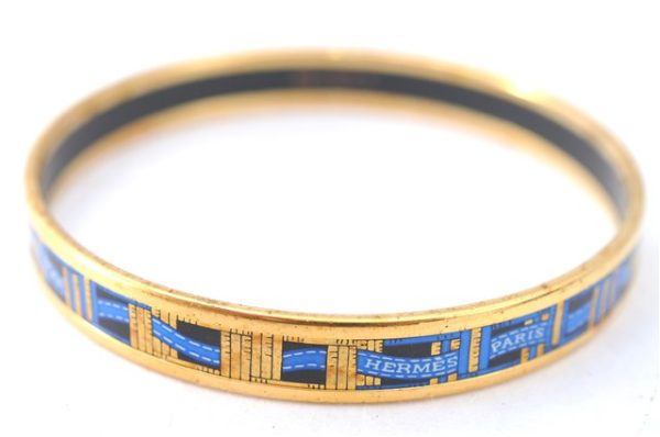 Authentic HERMES Email PM Bangle Ribbon Motif Gold Blue Black J1568 Cheap