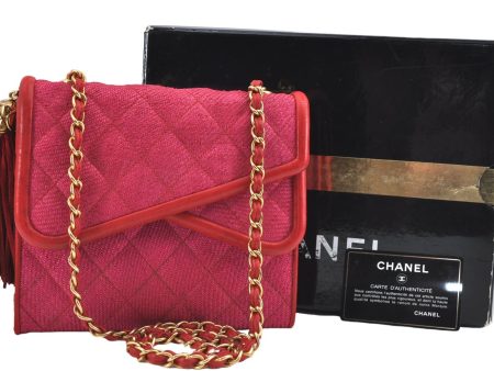 Authentic CHANEL Raffia Leather Shoulder Cross Bag Tassel Pink Red Box J3708 Fashion