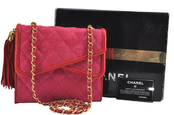 Authentic CHANEL Raffia Leather Shoulder Cross Bag Tassel Pink Red Box J3708 Fashion