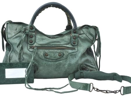 Auth BALENCIAGA Classic The City 2Way Hand Bag Purse Leather 115748 Green J1882 For Cheap