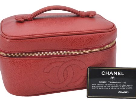 Authentic CHANEL Caviar Skin CoCo Mark Vanity Hand Bag Case Red CC 5452E For Cheap