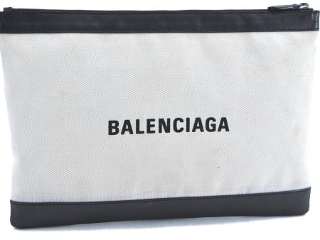 Auth BALENCIAGA Navy Clip L Clutch Bag Canvas Leather 373840 Ivory Black H8630 Cheap