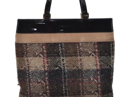 Authentic BURBERRY Check Hand Tote Bag Tweed Enamel Brown Black 8050D For Sale