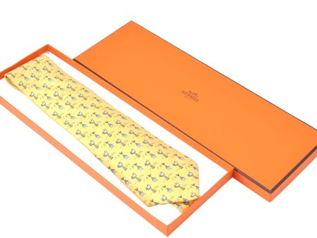 Authentic HERMES Necktie Chicken Home Pattern Silk Yellow Box 7408B For Discount