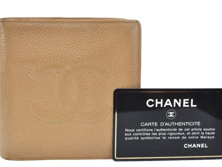 Authentic CHANEL Caviar Skin CC Logo Bifold Wallet Beige J2014 Online