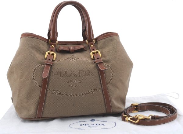 Authentic PRADA Logo Jacquard Canvas Leather 2Way Shoulder Hand Bag Brown 5558D Discount