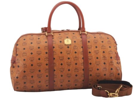 Authentic MCM Visetos Leather Vintage Shoulder Boston Bag Brown 4547D For Sale