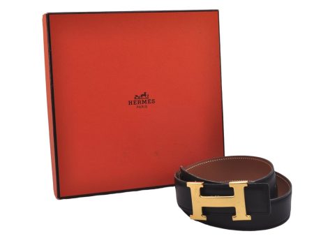 Authentic HERMES Constance Leather Belt Size 65cm 25.6  Black Brown Box 5363E Online now