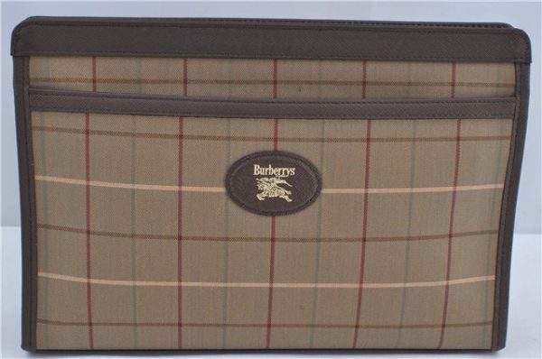 Authentic Burberrys Check Clutch Hand Bag Purse Canvas Leather Khaki Green J3547 Discount