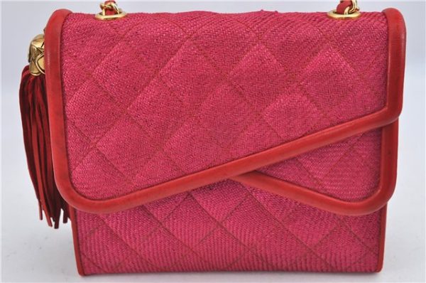 Authentic CHANEL Raffia Leather Shoulder Cross Bag Tassel Pink Red Box J3708 Fashion