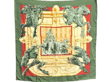 Auth HERMES Carre 90 Scarf  LA FONTAINE DE BARTHOLDI  Silk Khaki Green J1773 Online Sale