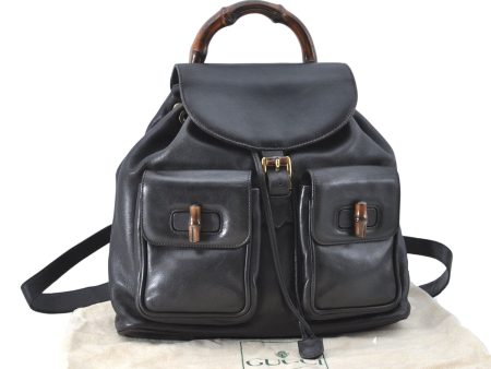 Authentic GUCCI Bamboo Backpack Leather Black J1768 For Sale