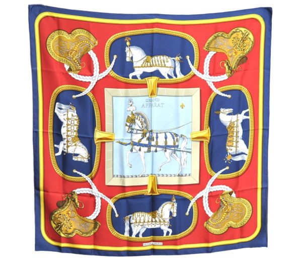 Authentic HERMES Carre 90 Scarf  GRAND APPARAT  Silk Navy Blue Gold J3557 Sale