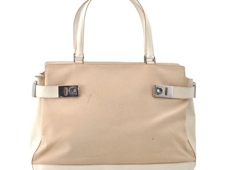 Auth Ferragamo Gancini Canvas Leather Shoulder Tote Bag Purse Beige Ivory 0278E on Sale