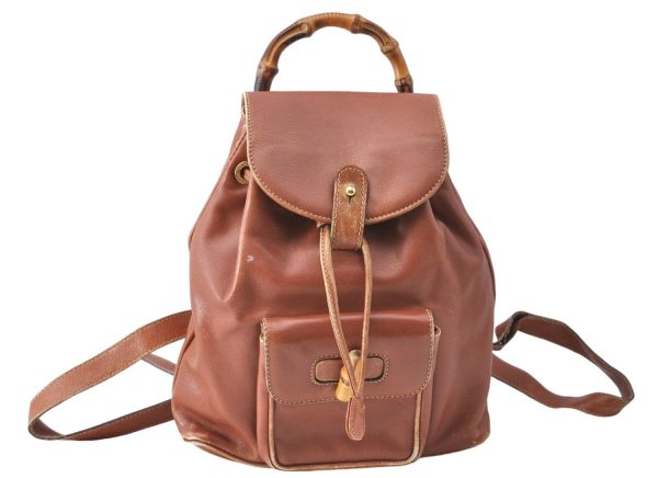 Authentic GUCCI Bamboo Backpack Leather Brown J1553 Online Sale