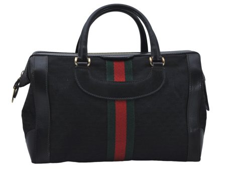 Auth GUCCI Micro GG Web Sherry Line Boston Hand Bag Canvas Leather Black 7569D For Cheap