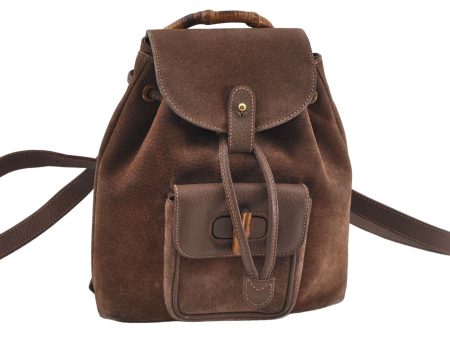 Authentic GUCCI Bamboo Backpack Purse Suede Leather Brown J1414 Hot on Sale