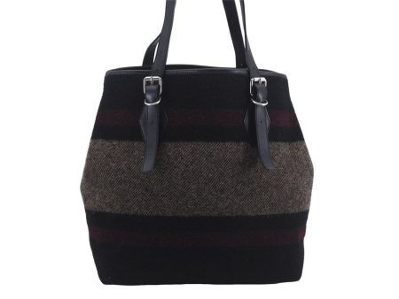 Auth BURBERRY Horizontal Stripe Shoulder Tote Bag Wool Leather Black Brown 7118D Hot on Sale