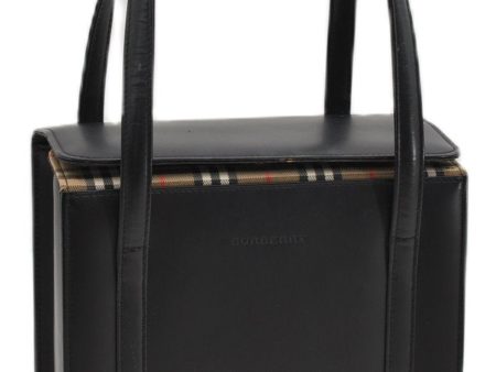 Authentic BURBERRY Check Vintage Leather Hand Bag Purse Black 9686E Sale