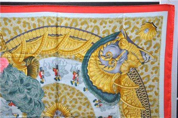 Authentic HERMES Carre 90 Scarf  CASQUES et PLUMETS  Silk Red 2928E on Sale