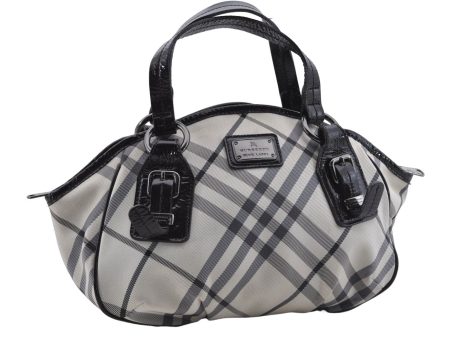 Authentic BURBERRY BLUE LABEL Check Hand Bag Canvas Leather White Black 6183D Sale