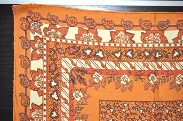 Auth HERMES Petit Carre 40 Scarf Handkerchief Plants Pattern Silk Orange 9633D Fashion