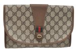 Authentic GUCCI Web Sherry Line Clutch Hand Bag Purse GG PVC Leather Brown J4054 Discount