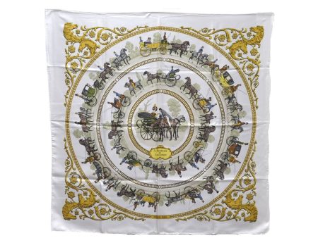 Auth HERMES Carre 90 Scarf  LA PROMENADE DE LONGCHAMPS  Silk White Box 5753D Supply